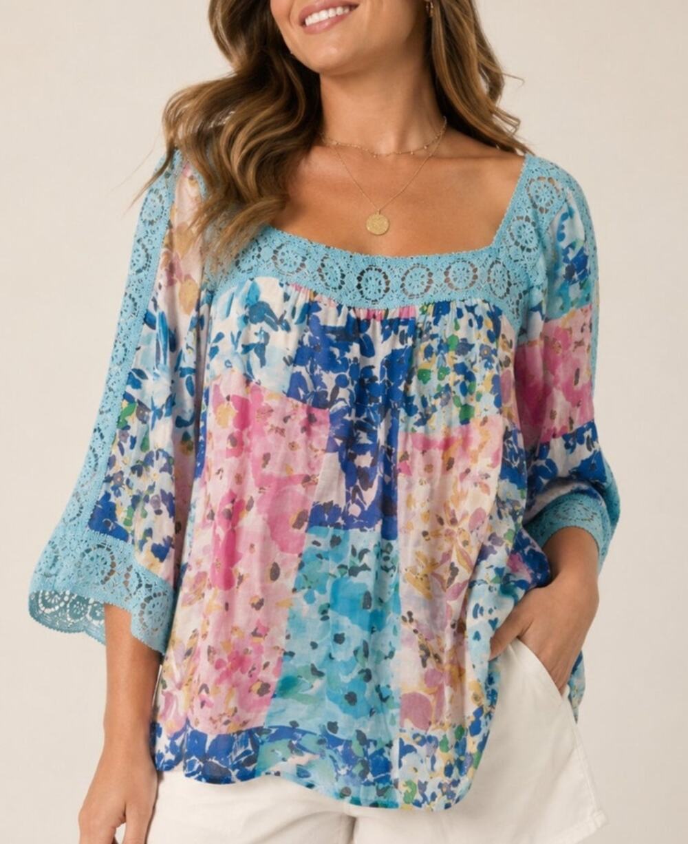 Zac & Rachel Floral Lace Trim Blouse Size 2X Square Neck Boho Cottage Romantic